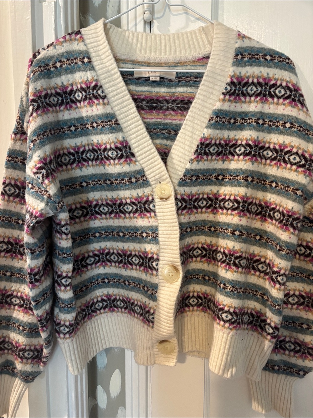 LOFT Cream Multicolor Fair Isle V-Neck Cardigan